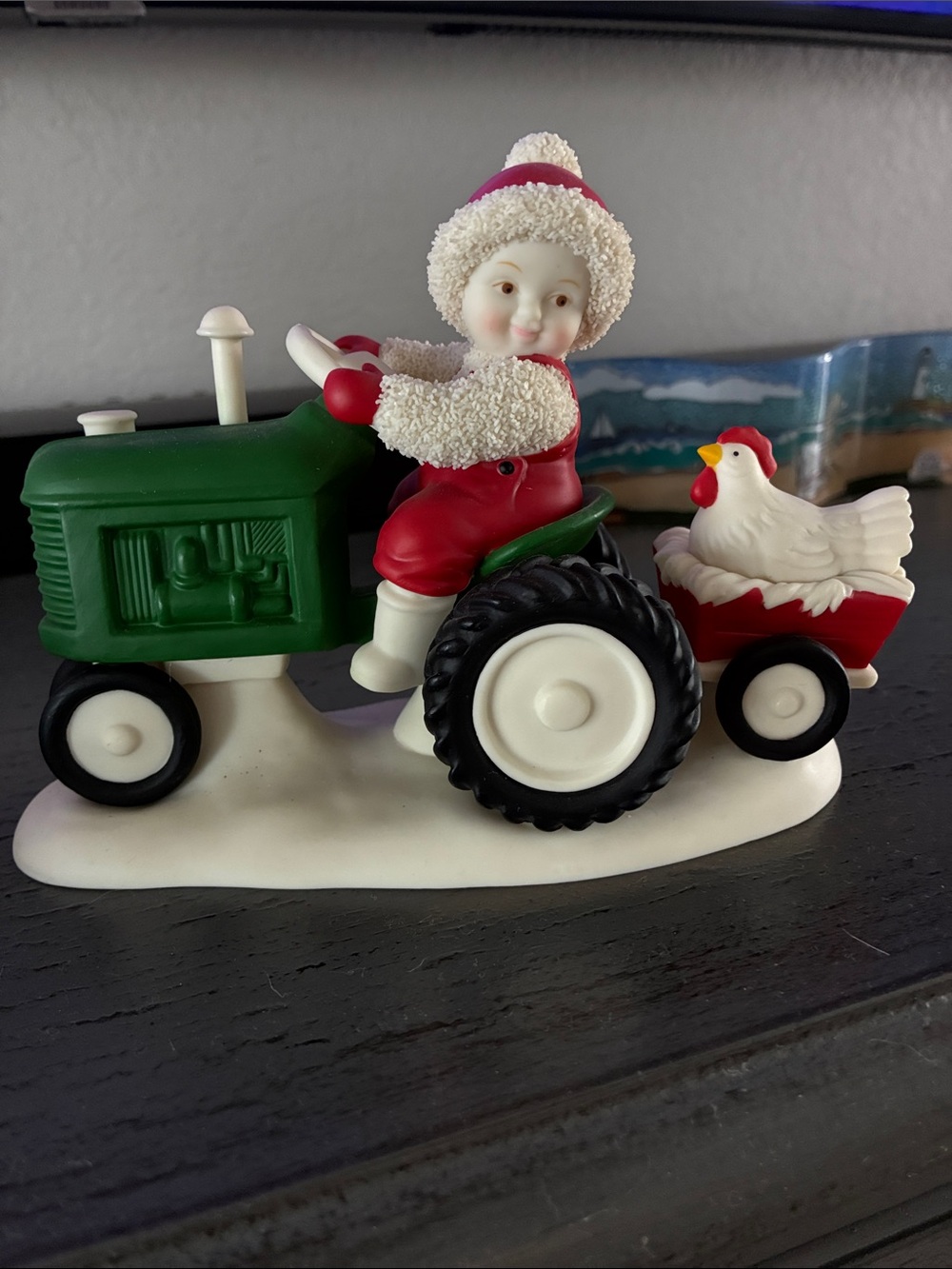 Department 56 Green Tractor with Red-Clad Child and White Chicken